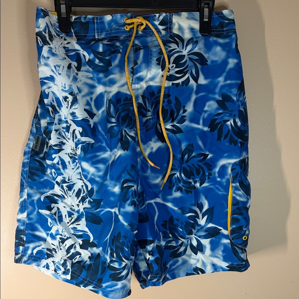 Joe Boxer Blue Floral Swim Board Shorts with Yellow Drawstring